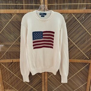 POLO Ralph Lauren USA Flag Cream Cotton Pullover Sweater, XL